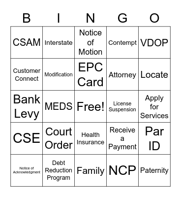 Child Support Bingo! Bingo Card