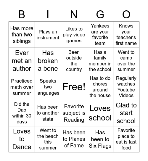 First Day of School Bingo Card