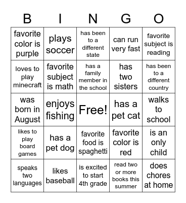 First Day of School Bingo Card