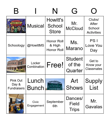 6th Grade Orientation Bingo Card