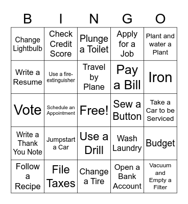 Life Skills Bingo Card