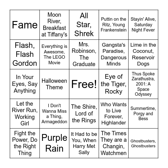 Movie Songs and Scores Bingo Card