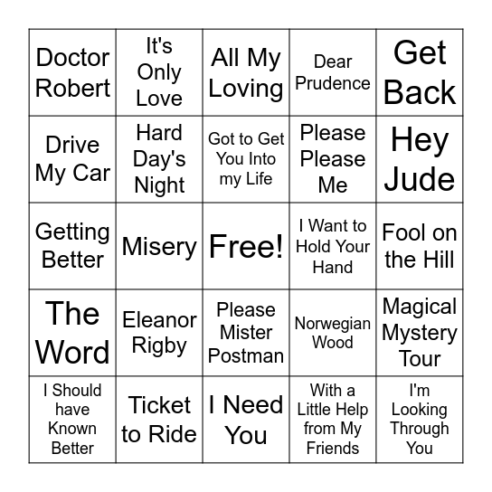 Beatles Bingo Card