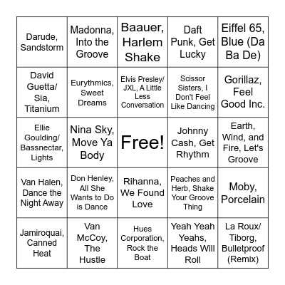 Dance Songs Bingo Card