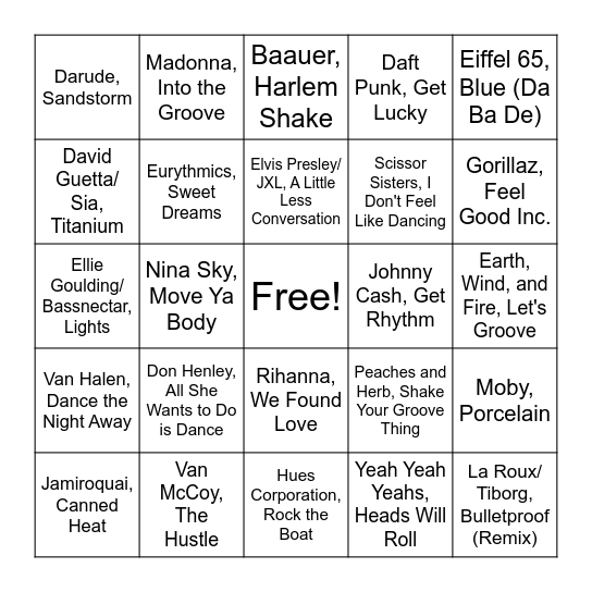 Dance Songs Bingo Card
