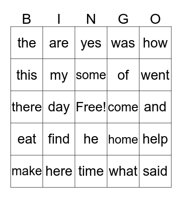 High Frequency Word Bingo Card