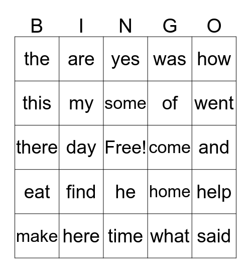 High Frequency Word Bingo Card