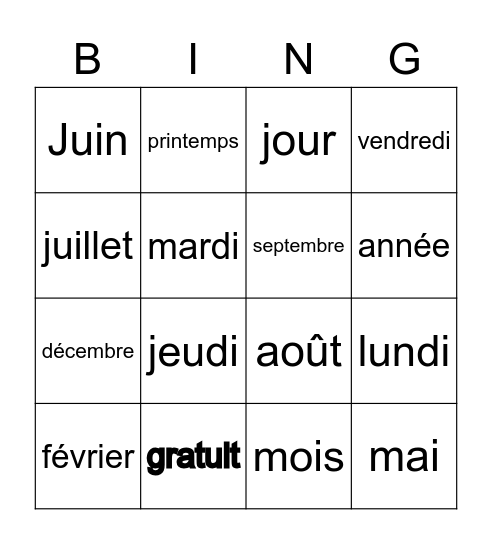 jour, mois, saisons Bingo Card