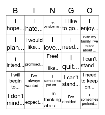 Infinitive, Neutral, Gerund Bingo Card