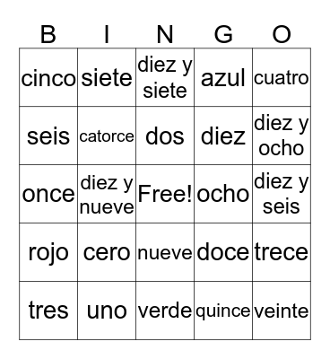 Spanish Numeros 0-20 Bingo Card