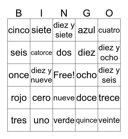 Spanish Numeros 0-20 Bingo Card