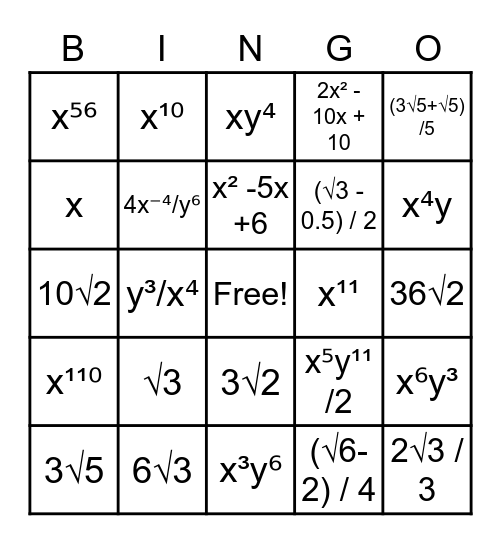 Exponents and Square Roots Bingo!! Bingo Card