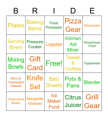 Bridal Gift Bingo Card