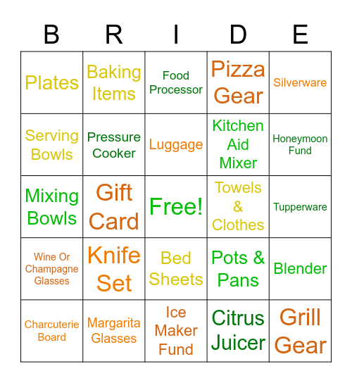 Bridal Gift Bingo Card