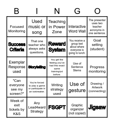 Rockstar Teacher Bingo Card
