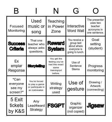 Rockstar Teacher Bingo Card