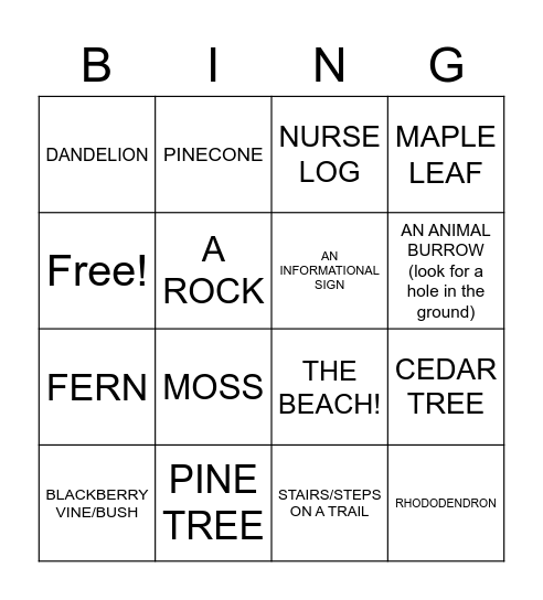 Park Bingo Card