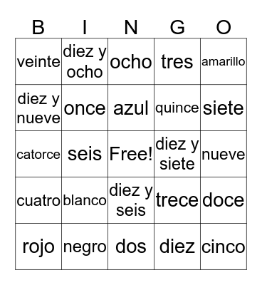 Spanish Numeros & Colores Bingo Card