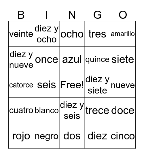 Spanish Numeros & Colores Bingo Card