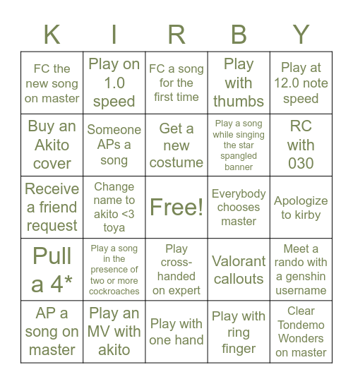 Weenie's Pjsekai Co-op Experience Bingo Card