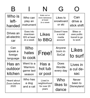 Get to Know Your Neighbors Bingo Card
