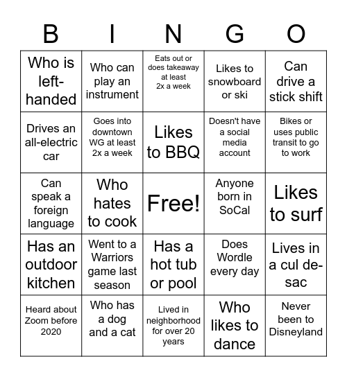 Get to Know Your Neighbors Bingo Card