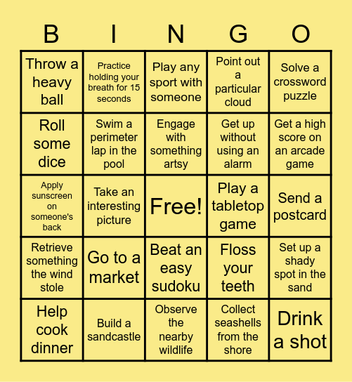 Beach Vacation Bingo Card