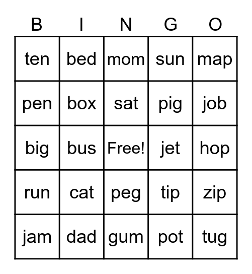 CVC words Bingo Card