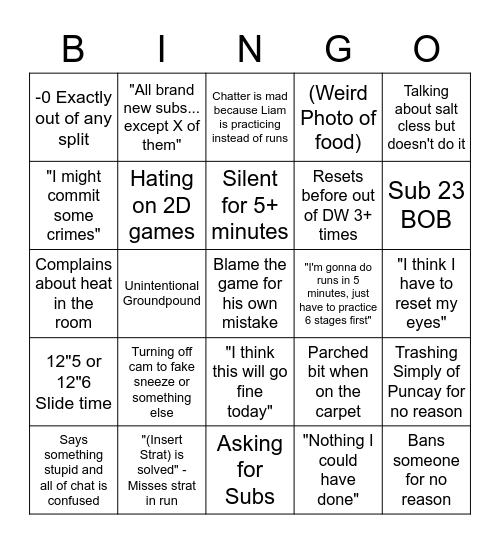 Newest Liam Stream Bingo Card