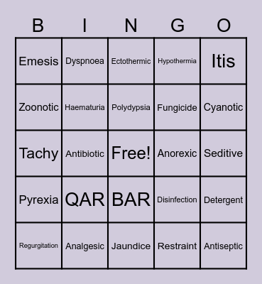 Animal Industry Terminology Bingo Card
