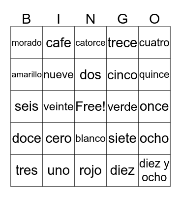 Spanish Numeros & Colores Bingo Card
