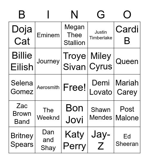MUSIC ARTISTS Bingo Card