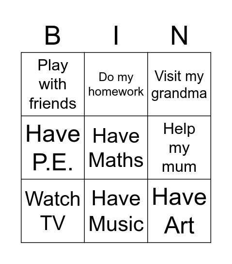 Activities Bingo Card