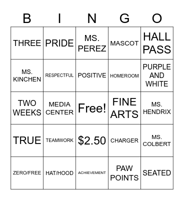 Duluth Middle School PBIS BINGO Card