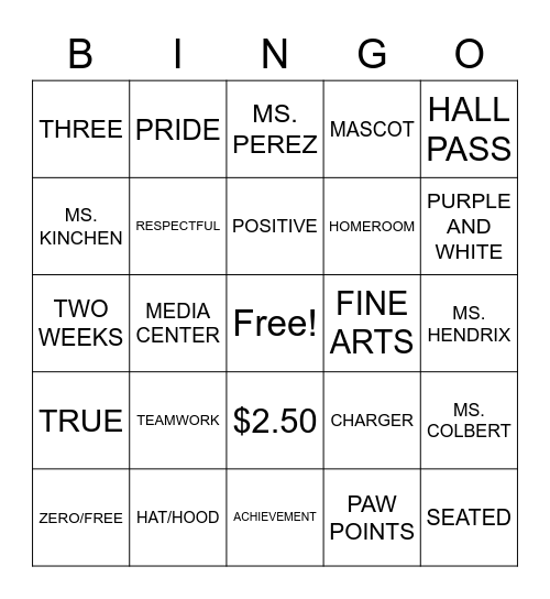 Duluth Middle School PBIS BINGO Card