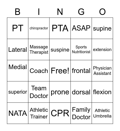 Sports Med Intro Bingo Card
