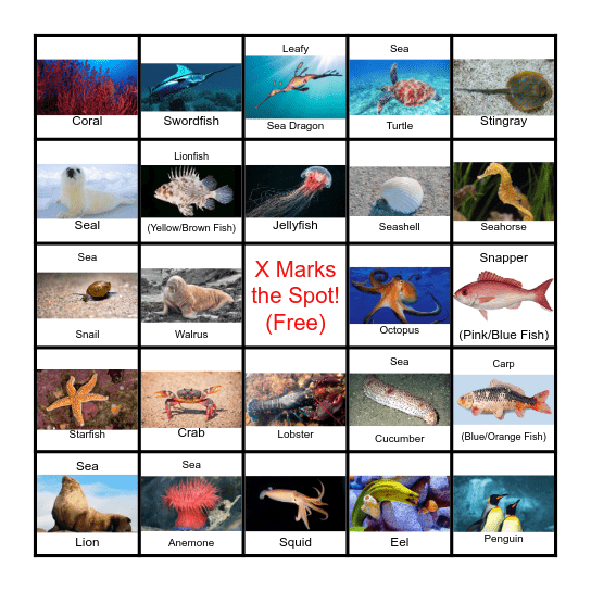Ocean Treasure Hunt Bingo Card