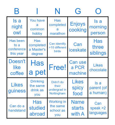 Postgrad networking BINGO Card