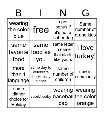 Thanksgiving Dinner Bingo Card