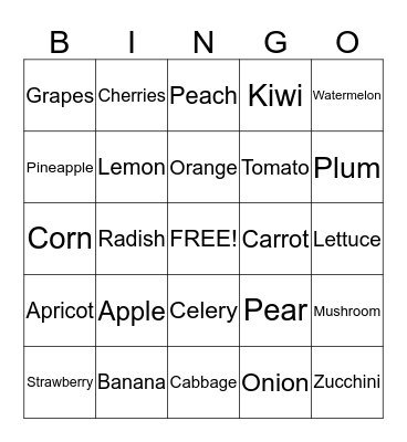 Fruits and Vegetables  Bingo Card