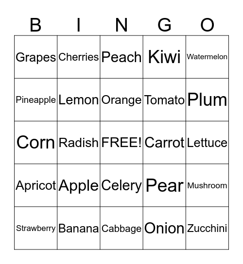Fruits and Vegetables  Bingo Card