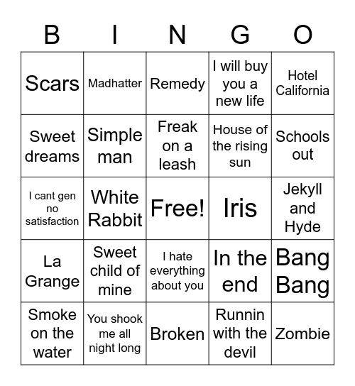 Rock Mix Bingo Card