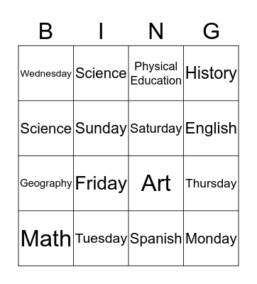 School Subjects and Days of the Week Bingo Card