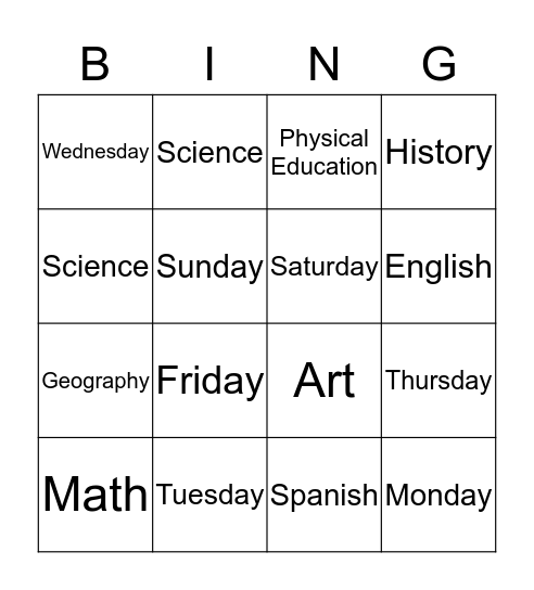 School Subjects and Days of the Week Bingo Card