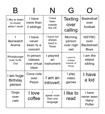 Get to know Each other! Bingo Card