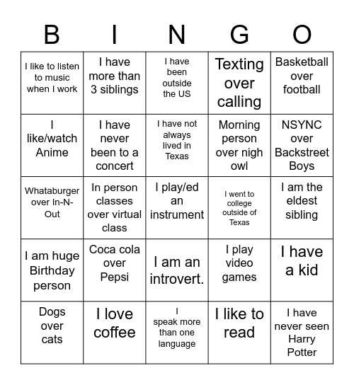Get to know Each other! Bingo Card