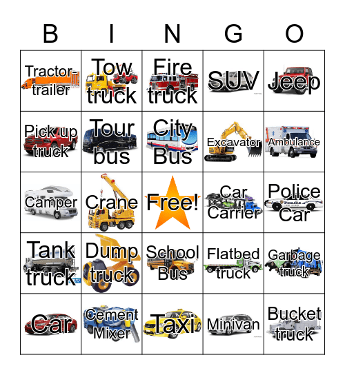 Cars and Trucks Bingo Card