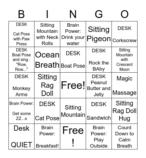 Yoga sitting breaks Bingo Card