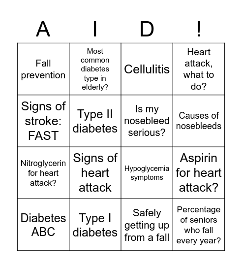 First Aid for Seniors Bingo Card