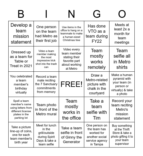 Spirit Days Team Bingo Card